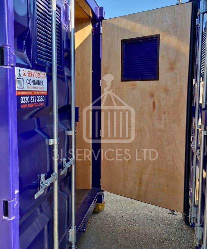 Blue 10ft container with doors open