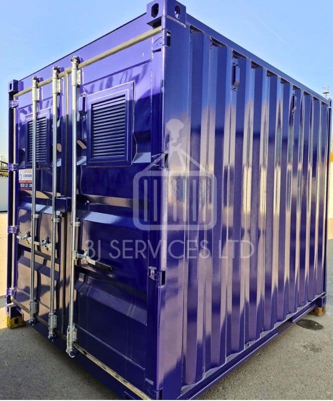 blue 10ft container with meshed louvre vents