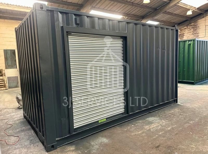 grey 15ft shipping container with roller shutter