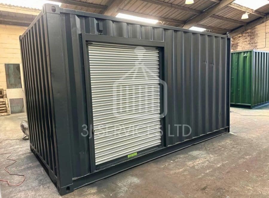 grey 15ft shipping container with roller shutter