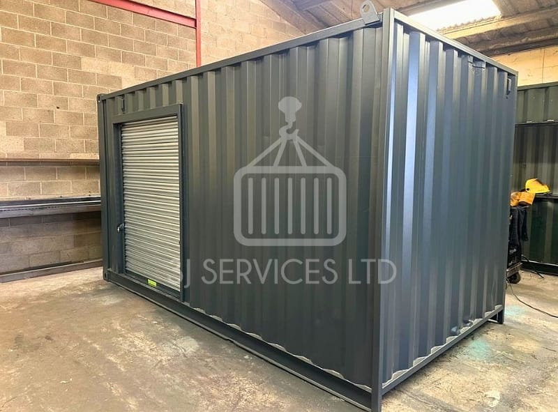 grey 15ft shipping container with roller shutter