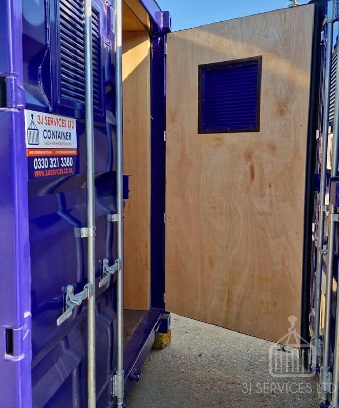 Blue 10ft container with doors open