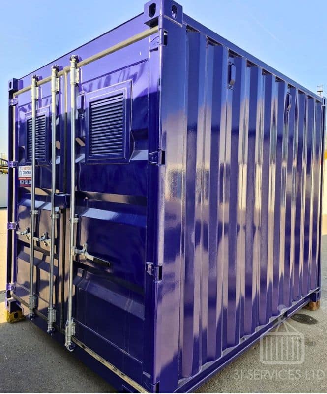 blue 10ft container with meshed louvre vents