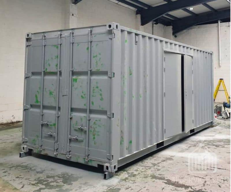 20ft used grey primed container with doors in the side ready to be repainted