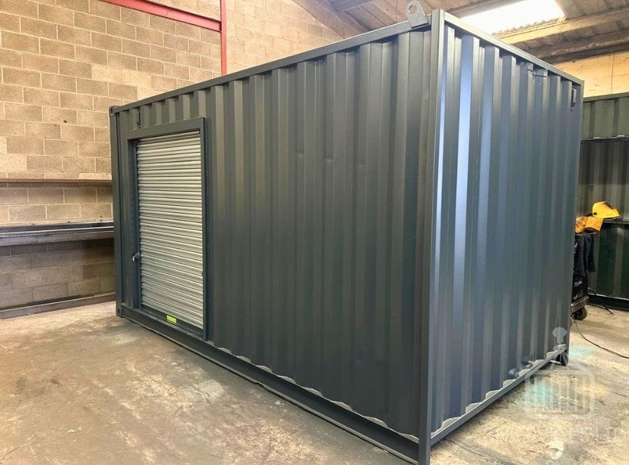 grey 15ft shipping container with roller shutter